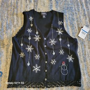 NWT Studio Black Snowflake Embroidered Vest Size XL